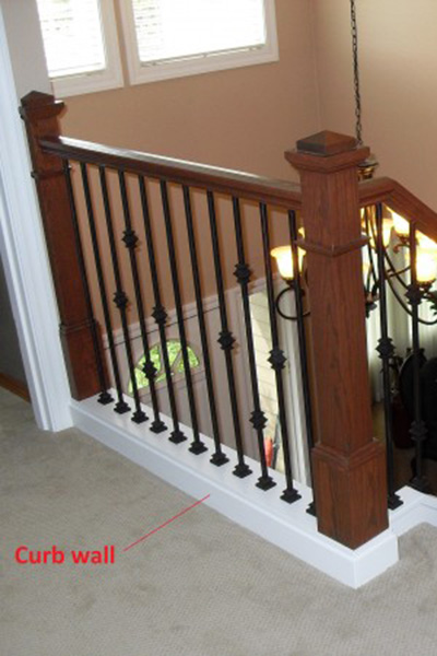 Staircase highlighting the curb wall at the floor of the railing