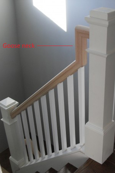 Image showcasing a gooseneck at the top of a staircase railing
