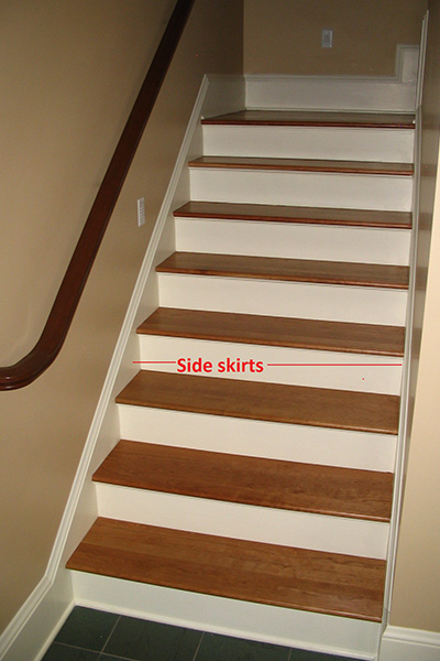Image of staircase showcasing side skirts at the line the bottom sides of stairs